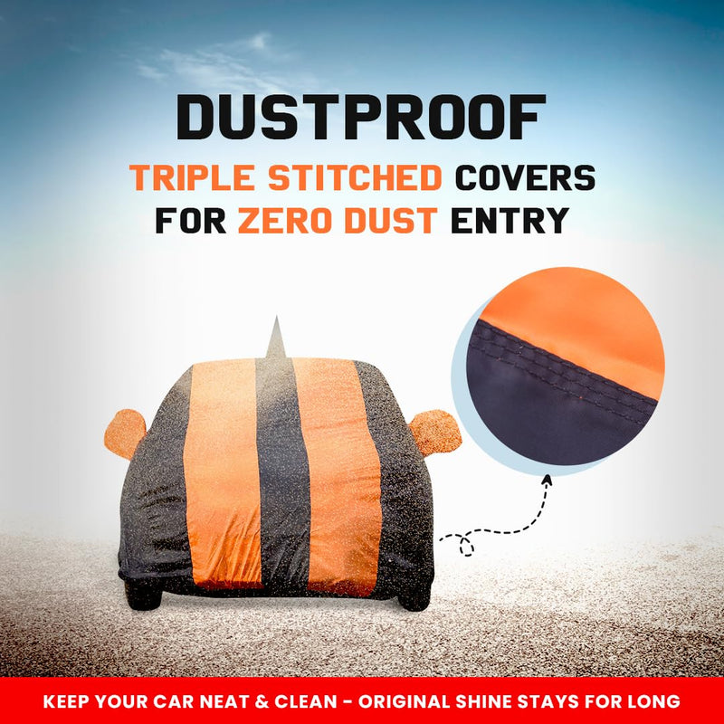 Autofact Swift Car Cover - EasyShield - Car Body Cover for Maruti Swift - With Mirror Pockets, Triple Stitched, Bottom Fully Elastic, Adjustable Belt and Buckle (Orange Blue Stripes)
