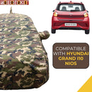 Autofact Grand I10 Nios Car Cover - TearTough - Dog Proof / Waterproof Car Body Cover for Hyundai Grand I10 Nios - With Mirror & Antenna Pockets, Triple Stitched, Bottom Fully Elastic, Adjustable Belt and Buckle (Jungle Print 4x4)
