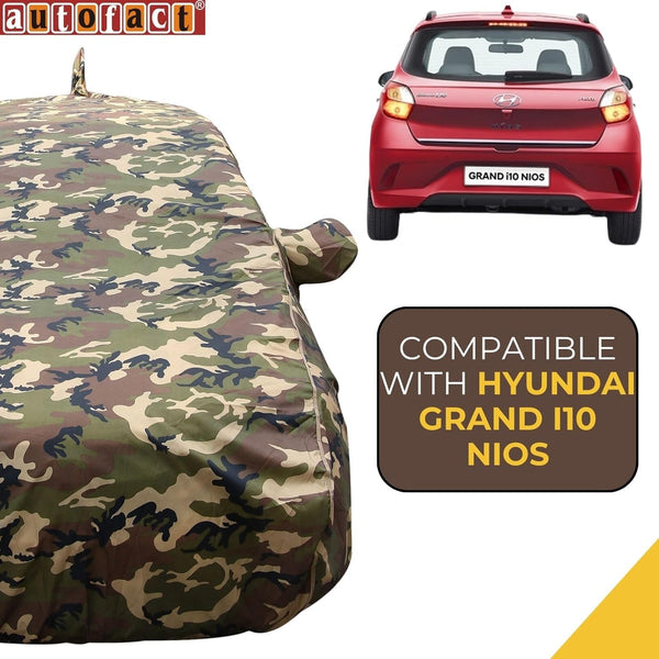 Autofact Grand I10 Nios Car Cover - TearTough - Dog Proof / Waterproof Car Body Cover for Hyundai Grand I10 Nios - With Mirror & Antenna Pockets, Triple Stitched, Bottom Fully Elastic, Adjustable Belt and Buckle (Jungle Print 4x4)