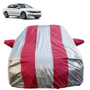 Autofact Passat Car Cover - FlexGuard - Waterproof Car Body Cover for Volkswagen Passat - With Mirror Pockets, Triple Stitched, Bottom Fully Elastic, Adjustable Belt and Buckle (Silver / Pink Stripes)