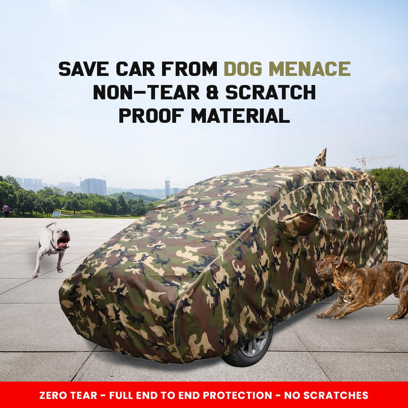 Autofact Old i20 Car Cover - TearTough - Dog Proof / Waterproof Car Body Cover for Hyundai Old i20 - With Mirror & Antenna Pockets, Triple Stitched, Bottom Fully Elastic, Adjustable Belt and Buckle (Jungle Print 4x4)