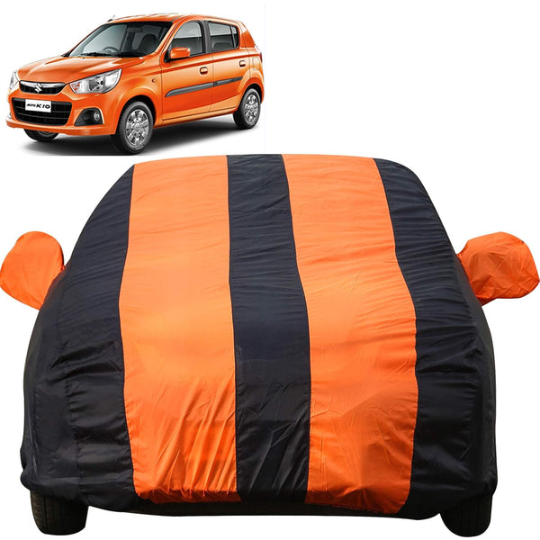 Autofact Alto K10 Old Model Car Cover - EasyShield - Car Body Cover for Maruti Alto K10 Old Model - With Mirror Pockets, Triple Stitched, Bottom Fully Elastic, Adjustable Belt and Buckle (Orange Blue Stripes)