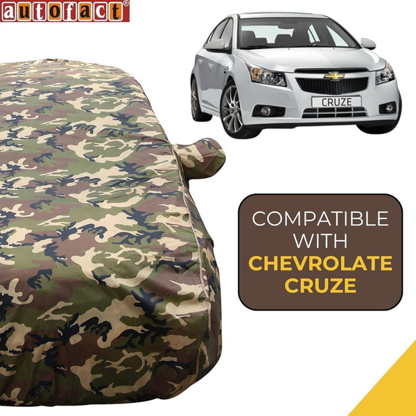 Autofact Cruze Car Cover - TearTough - Dog Proof / Waterproof Car Body Cover for Chevrolet Cruze - With Mirror Pockets, Triple Stitched, Bottom Fully Elastic, Adjustable Belt and Buckle (Jungle Print 4x4)