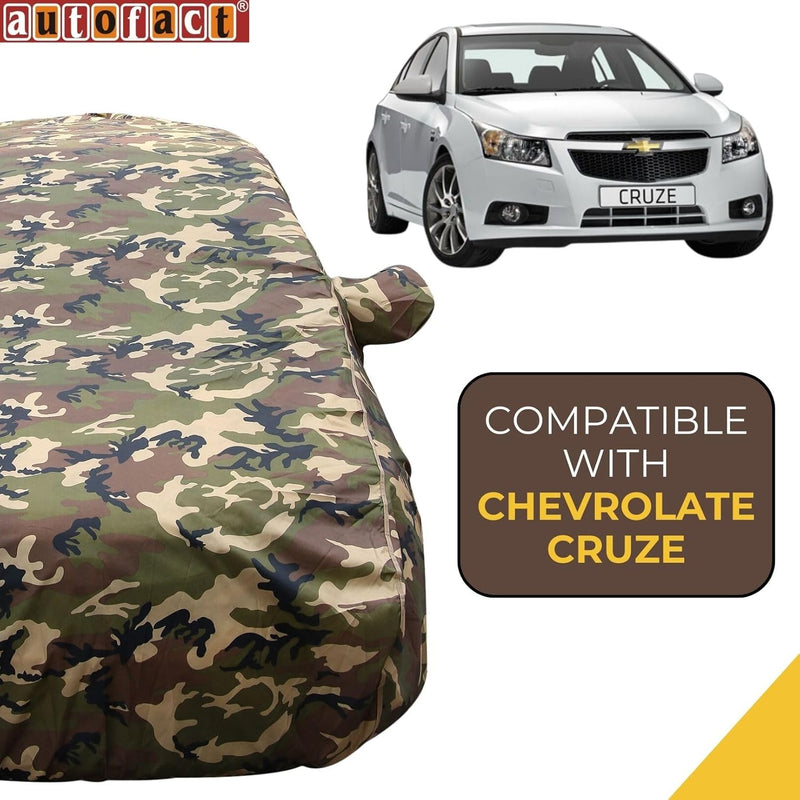 Autofact Cruze Car Cover - TearTough - Dog Proof / Waterproof Car Body Cover for Chevrolet Cruze - With Mirror Pockets, Triple Stitched, Bottom Fully Elastic, Adjustable Belt and Buckle (Jungle Print 4x4)