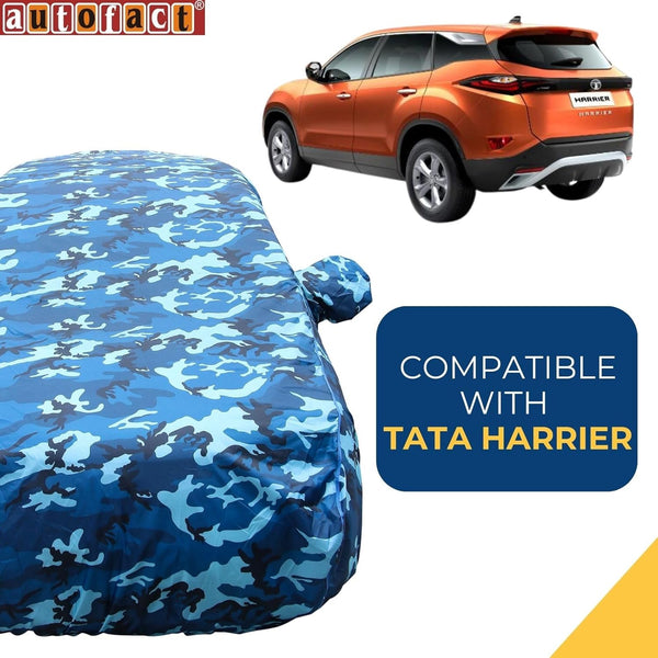 Autofact Harrier Car Cover - TearTough - Dog Proof / Waterproof Car Body Cover for Tata Harrier - With Mirror Pockets, Triple Stitched, Bottom Fully Elastic, Adjustable Belt and Buckle (Airforce Blue 4x4)