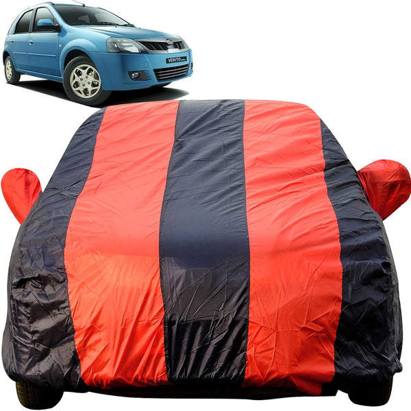 Autofact Verito Car Cover - EasyShield - Car Body Cover for Mahindra Verito - With Mirror Pockets, Triple Stitched, Bottom Fully Elastic, Adjustable Belt and Buckle (Red Blue Stripes)
