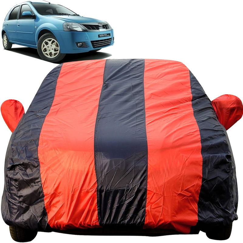 Autofact Verito Car Cover - EasyShield - Car Body Cover for Mahindra Verito - With Mirror Pockets, Triple Stitched, Bottom Fully Elastic, Adjustable Belt and Buckle (Red Blue Stripes)