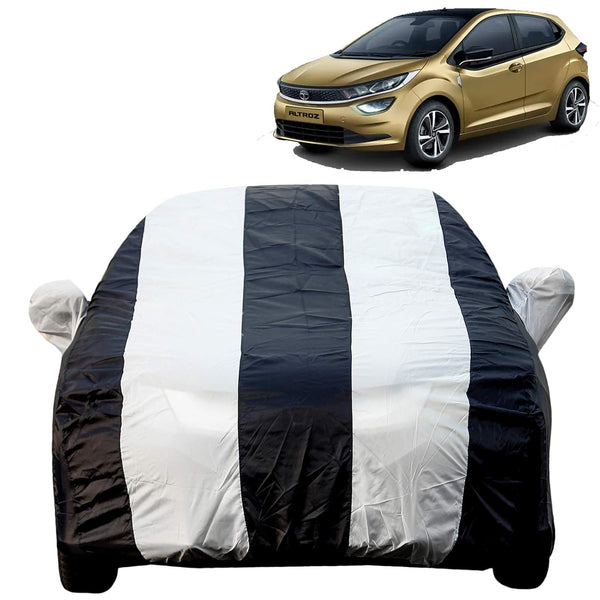 Autofact Altroz Car Cover - EasyShield - Car Body Cover for Tata Altroz - With Mirror Pockets, Triple Stitched, Bottom Fully Elastic, Adjustable Belt and Buckle (White Blue Stripes)