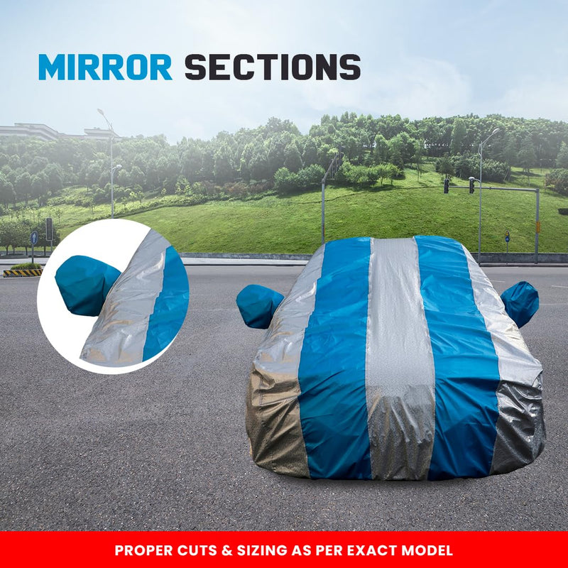 Autofact 3 Series Car Cover - FlexGuard - Waterproof Car Body Cover for BMW 3 Series - With Mirror Pockets, Triple Stitched, Bottom Fully Elastic, Adjustable Belt and Buckle (Silver / Blue Stripes)