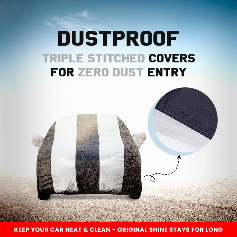 Autofact Scorpio Car Cover - EasyShield - Car Body Cover for Mahindra Scorpio - With Mirror Pockets, Triple Stitched, Bottom Fully Elastic, Adjustable Belt and Buckle (White Blue Stripes)