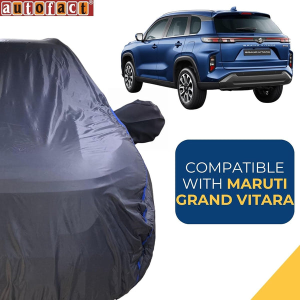 Autofact Grand Vitara Car Cover - CoreProtect - Water Resistant Car Body Cover for Maruti Grand Vitara - With Mirror Pockets, Triple Stitched, Bottom Fully Elastic, Adjustable Belt and Buckle (Grey 210D)
