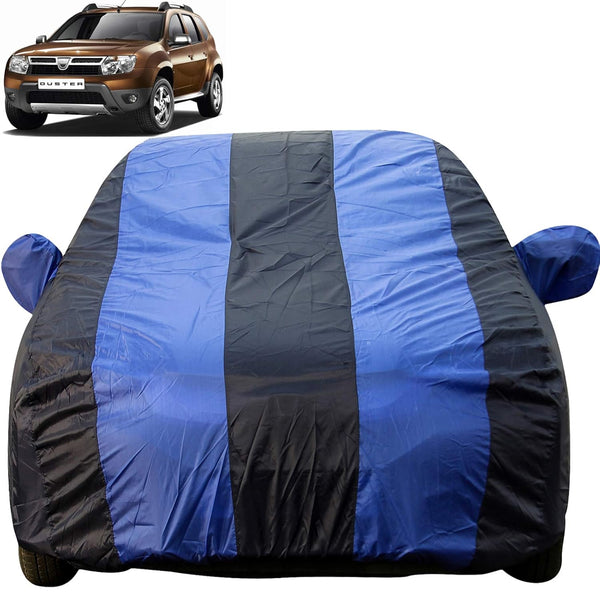 Autofact Duster Car Cover - EasyShield - Car Body Cover for Renaults Duster - With Mirror Pockets, Triple Stitched, Bottom Fully Elastic, Adjustable Belt and Buckle (Royal Blue Stripes)