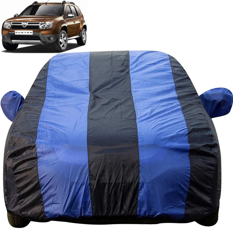 Autofact Duster Car Cover - EasyShield - Car Body Cover for Renaults Duster - With Mirror Pockets, Triple Stitched, Bottom Fully Elastic, Adjustable Belt and Buckle (Royal Blue Stripes)