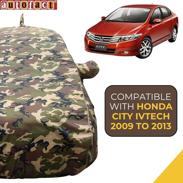 Autofact City Ivtech Car Cover - TearTough - Dog Proof / Waterproof Car Body Cover for Honda City Ivtech - With Mirror & Antenna Pockets, Triple Stitched, Bottom Fully Elastic, Adjustable Belt and Buckle (Jungle Print 4x4)