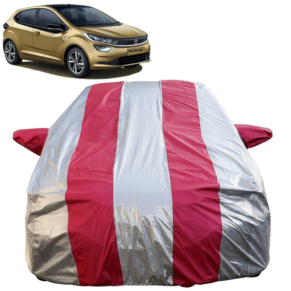 Autofact Altroz Car Cover - FlexGuard - Waterproof Car Body Cover for Tata Altroz - With Mirror Pockets, Triple Stitched, Bottom Fully Elastic, Adjustable Belt and Buckle (Silver / Pink Stripes)