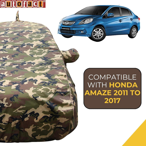 Autofact Amaze Old Model Car Cover - TearTough - Dog Proof / Waterproof Car Body Cover for Honda Amaze Old Model - With Mirror & Antenna Pockets, Triple Stitched, Bottom Fully Elastic, Adjustable Belt and Buckle (Jungle Print 4x4)