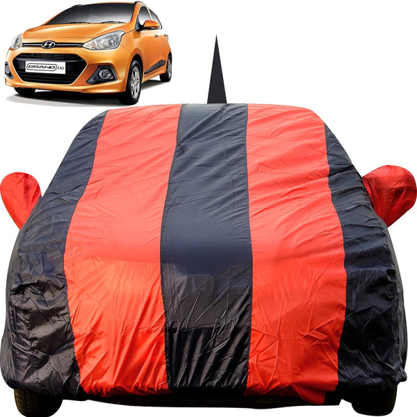 Autofact Grand I10 Car Cover - EasyShield - Car Body Cover for Hyundai Grand I10 - With Mirror Pockets, Triple Stitched, Bottom Fully Elastic, Adjustable Belt and Buckle (Red Blue Stripes)