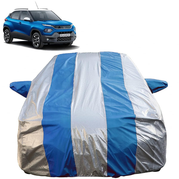 Autofact Punch Car Cover - FlexGuard - Waterproof Car Body Cover for Tata Punch - With Mirror Pockets, Triple Stitched, Bottom Fully Elastic, Adjustable Belt and Buckle (Silver / Blue Stripes)