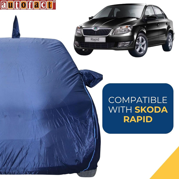Autofact Rapid Car Cover - CoreProtect - Water Resistant Car Body Cover for Skoda Rapid - With Mirror & Antenna Pockets, Triple Stitched, Bottom Fully Elastic, Adjustable Belt and Buckle (Navy 210D)