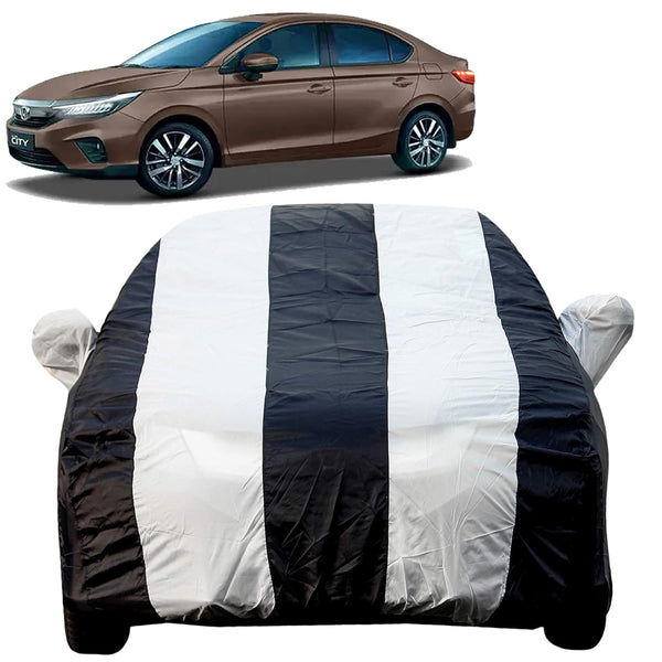 Autofact New City Car Cover - EasyShield - Car Body Cover for Honda New City - With Mirror Pockets, Triple Stitched, Bottom Fully Elastic, Adjustable Belt and Buckle (White Blue Stripes)