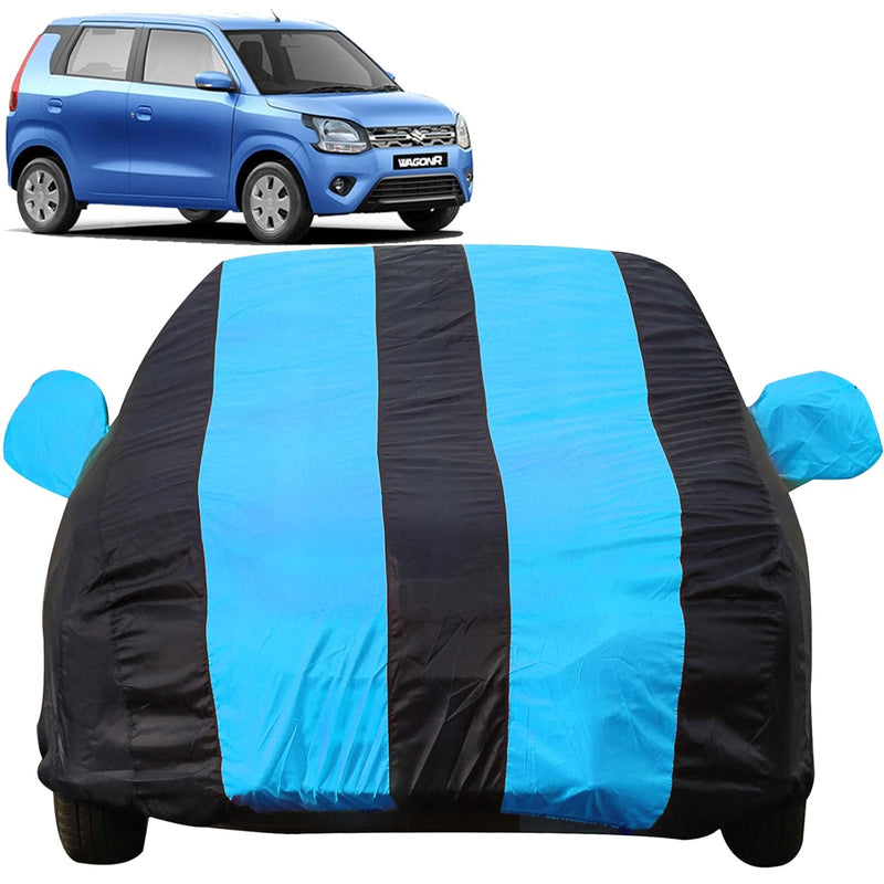 Autofact Wagon r / Wagonr Car Cover - EasyShield - Car Body Cover for Maruti Wagon r / Wagonr - With Mirror Pockets, Triple Stitched, Bottom Fully Elastic, Adjustable Belt and Buckle (Teak Blue Stripes)