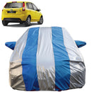 Autofact Figo Old Model Car Cover - FlexGuard - Waterproof Car Body Cover for Ford Figo Old Model - With Mirror Pockets, Triple Stitched, Bottom Fully Elastic, Adjustable Belt and Buckle (Silver / Blue Stripes)