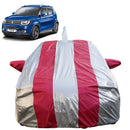 Autofact Ignis Car Cover - FlexGuard - Car Body Cover for Maruti Ignis  - With Mirror & Antenna Pockets, Triple Stitched, Bottom Fully Elastic, Adjustable Belt and Buckle (Silver / Pink Stripes)