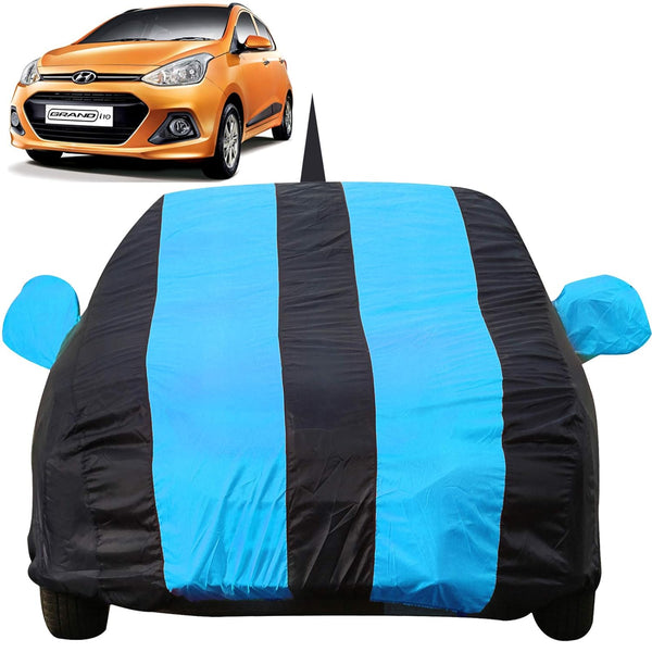 Autofact Grand I10 Car Cover - EasyShield - Car Body Cover for Hyundai Grand I10 - With Mirror Pockets, Triple Stitched, Bottom Fully Elastic, Adjustable Belt and Buckle (Teak Blue Stripes)