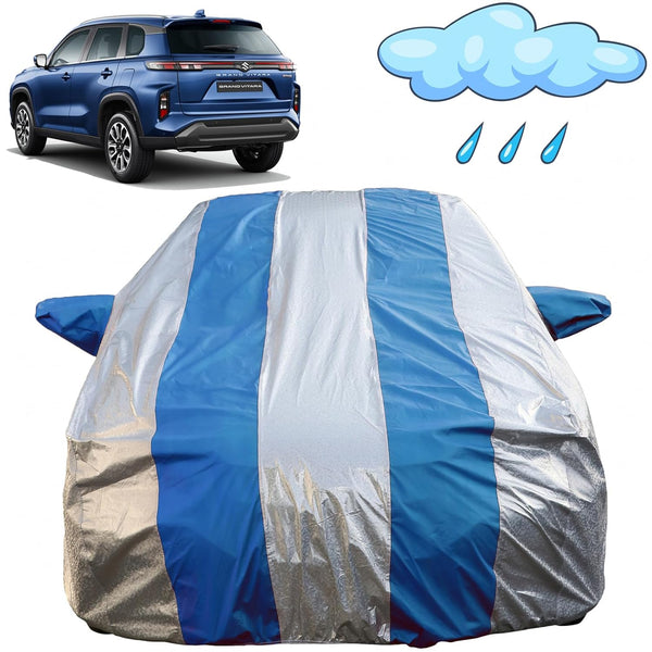 Autofact Grand Vitara Car Cover - FlexGuard - Waterproof Car Body Cover for Maruti Grand Vitara - With Mirror Pockets, Triple Stitched, Bottom Fully Elastic, Adjustable Belt and Buckle (Silver / Blue Stripes)