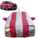 Autofact Magnite Car Cover - FlexGuard - Waterproof Car Body Cover for Nissan Magnite - With Mirror & Antenna Pockets, Triple Stitched, Bottom Fully Elastic, Adjustable Belt and Buckle (Silver / Pink Stripes)