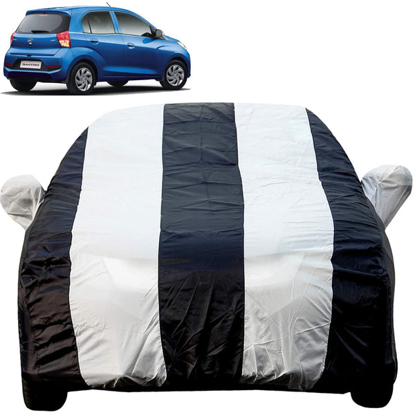 Autofact New Santro Car Cover - EasyShield - Car Body Cover for Hyundai New Santro - With Mirror Pockets, Triple Stitched, Bottom Fully Elastic, Adjustable Belt and Buckle (White Blue Stripes)