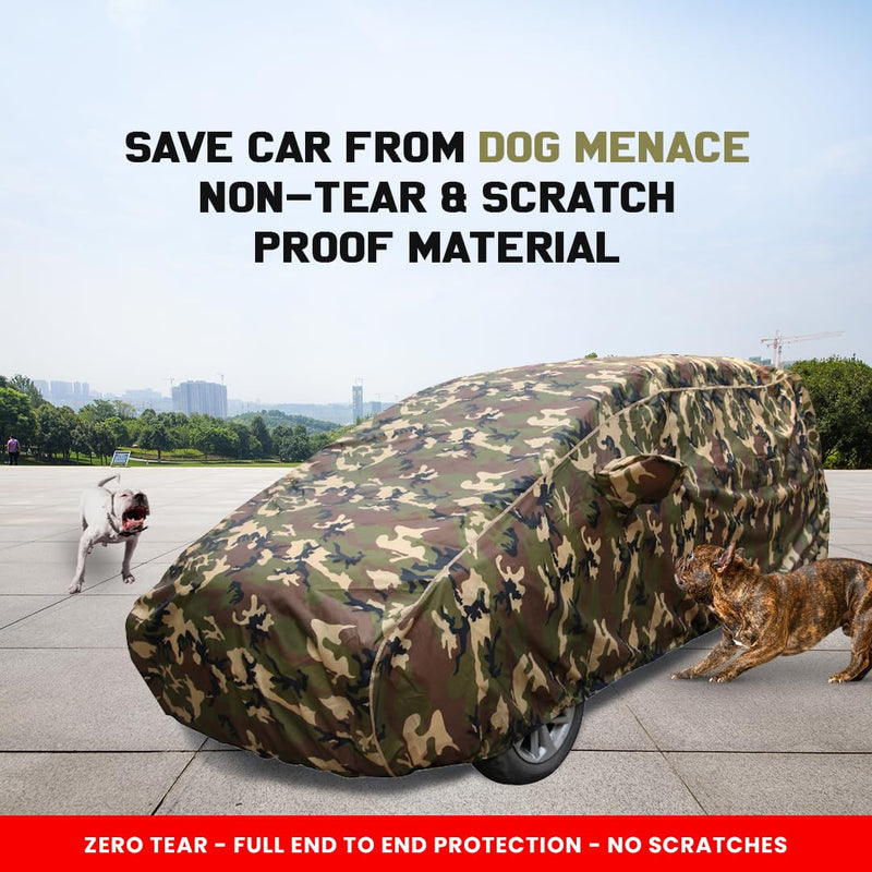 Autofact Enjoy Car Cover - TearTough - Dog Proof / Waterproof Car Body Cover for Chevrolet Enjoy - With Mirror Pockets, Triple Stitched, Bottom Fully Elastic, Adjustable Belt and Buckle (Jungle Print 4x4)