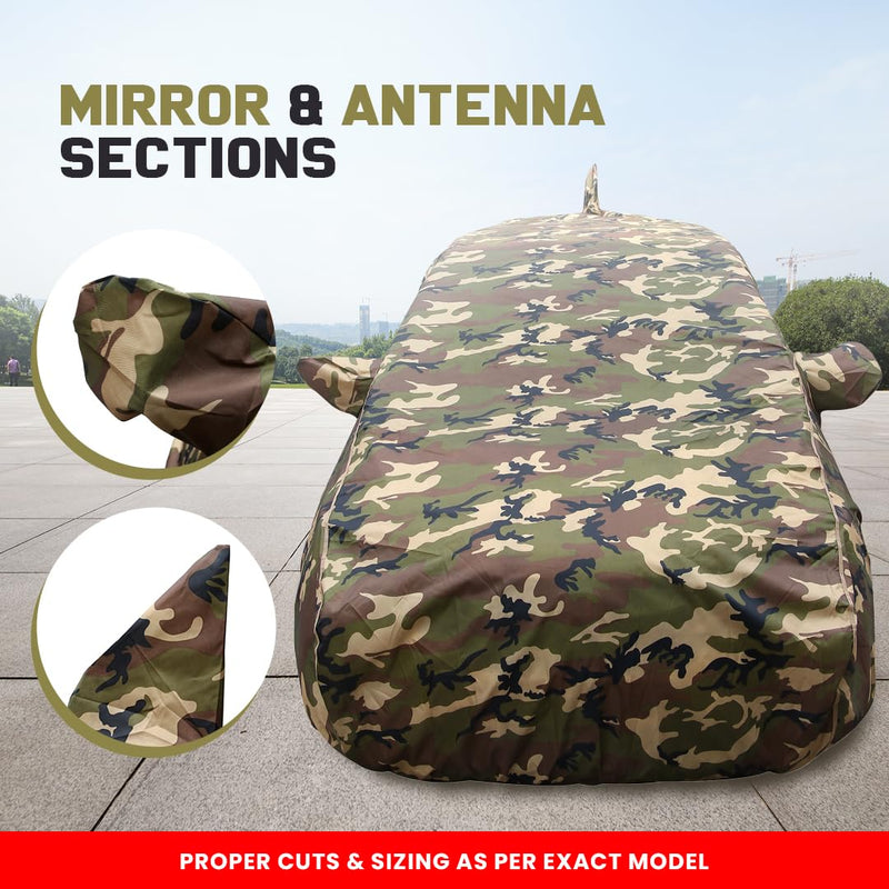 Autofact Swift Car Cover - TearTough - Dog Proof / Waterproof Car Body Cover for Maruti Swift - With Mirror & Antenna Pockets, Triple Stitched, Bottom Fully Elastic, Adjustable Belt and Buckle (Jungle Print 4x4)