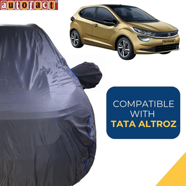Autofact Altroz Car Cover - CoreProtect - Water Resistant Car Body Cover for Tata Altroz - With Mirror Pockets, Triple Stitched, Bottom Fully Elastic, Adjustable Belt and Buckle (Grey 210D)