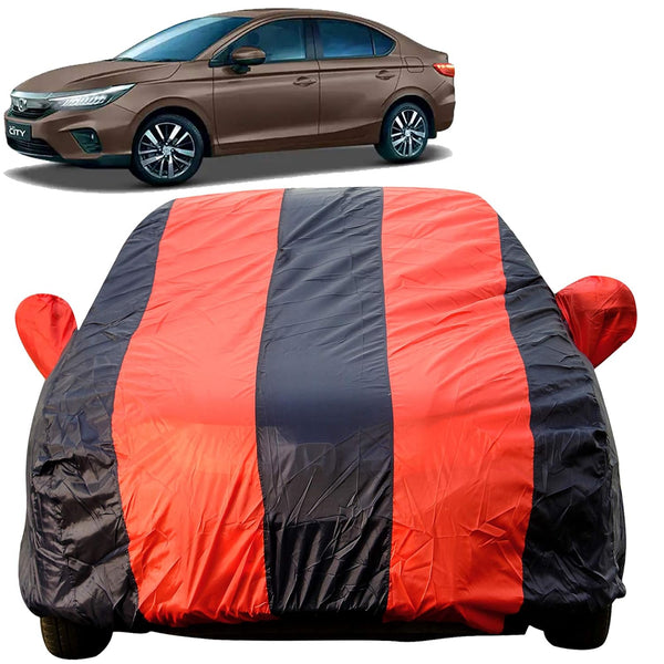 Autofact New City Car Cover - EasyShield - Car Body Cover for Honda New City - With Mirror Pockets, Triple Stitched, Bottom Fully Elastic, Adjustable Belt and Buckle (Red Blue Stripes)