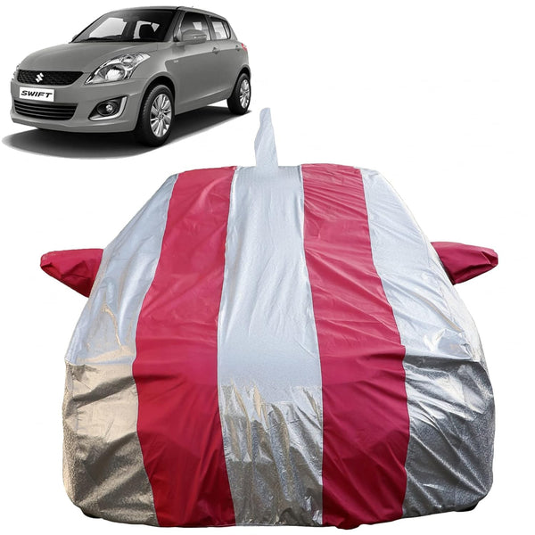 Autofact Swift Old Model Car Cover - FlexGuard - Waterproof Car Body Cover for Maruti Swift Old Model - With Mirror & Antenna Pockets, Triple Stitched, Bottom Fully Elastic, Adjustable Belt and Buckle (Silver / Pink Stripes)