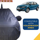 Autofact Ameo Car Cover - CoreProtect - Water Resistant Car Body Cover for Volkswagen Ameo - With Mirror & Antenna Pockets, Triple Stitched, Bottom Fully Elastic, Adjustable Belt and Buckle (Grey 210D)