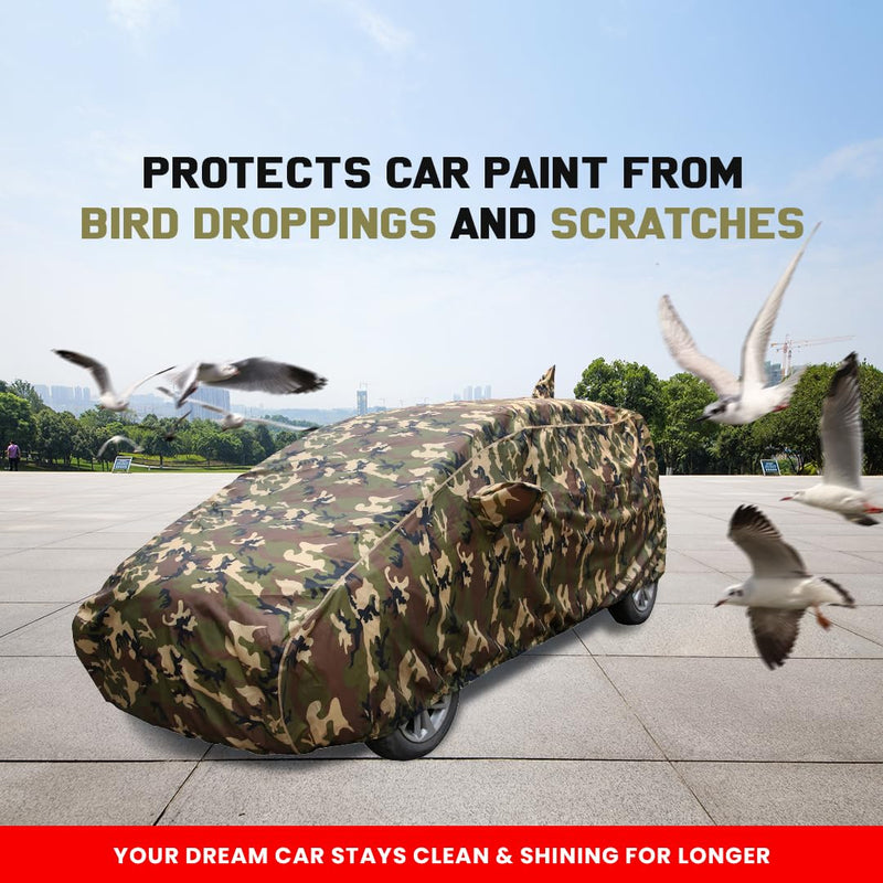 Autofact Swift Car Cover - TearTough - Dog Proof / Waterproof Car Body Cover for Maruti Swift - With Mirror & Antenna Pockets, Triple Stitched, Bottom Fully Elastic, Adjustable Belt and Buckle (Jungle Print 4x4)
