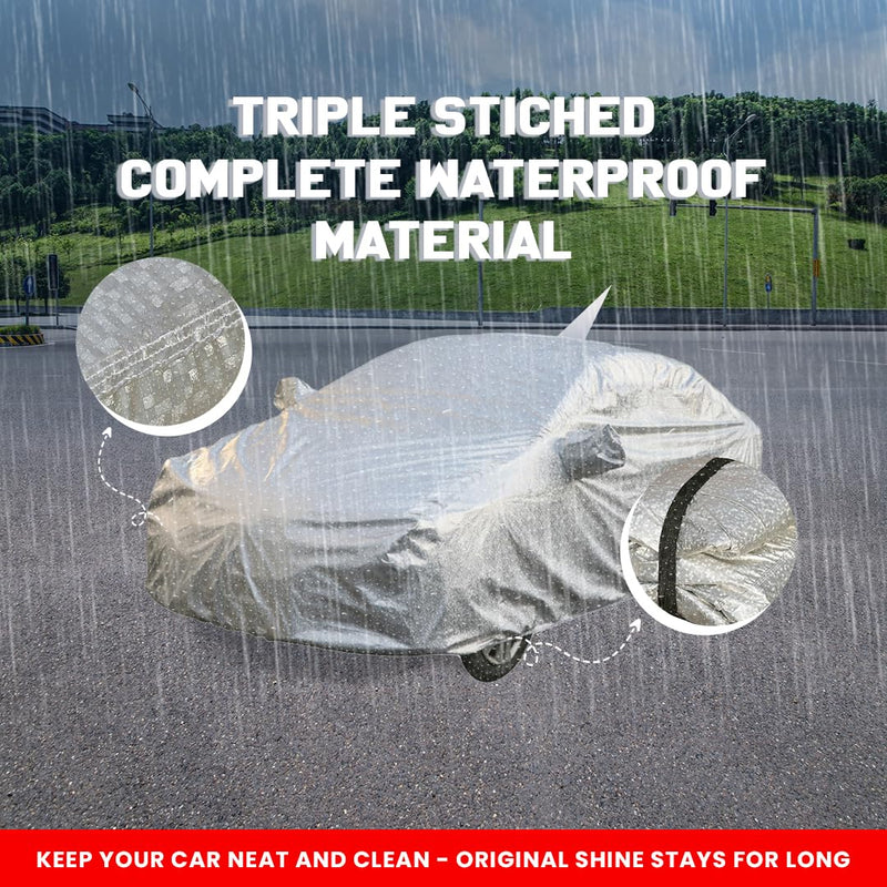 Autofact Swift Car Cover - FlexGuard - Waterproof Car Body Cover for Maruti Swift - With Mirror & Antenna Pockets, Triple Stitched, Bottom Fully Elastic, Adjustable Belt and Buckle (Silver)