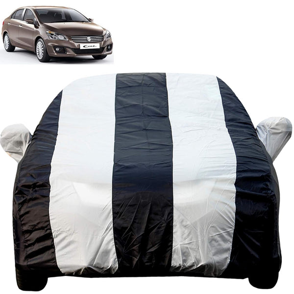 Autofact Ciaz Car Cover - EasyShield - Car Body Cover for Maruti Ciaz - With Mirror Pockets, Triple Stitched, Bottom Fully Elastic, Adjustable Belt and Buckle (White Blue Stripes)