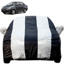 Autofact Etios Car Cover - EasyShield - Car Body Cover for Toyota Etios - With Mirror Pockets, Triple Stitched, Bottom Fully Elastic, Adjustable Belt and Buckle (White Blue Stripes)