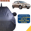 Autofact Old i20 Car Cover - CoreProtect - Water Resistant Car Body Cover for Hyundai Old i20 - With Mirror & Antenna Pockets, Triple Stitched, Bottom Fully Elastic, Adjustable Belt and Buckle (Grey 210D)