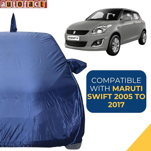 Autofact Swift Old Model Car Cover - CoreProtect - Water Resistant Car Body Cover for Maruti Swift Old Model - With Mirror & Antenna Pockets, Triple Stitched, Bottom Fully Elastic, Adjustable Belt and Buckle (Navy 210D)