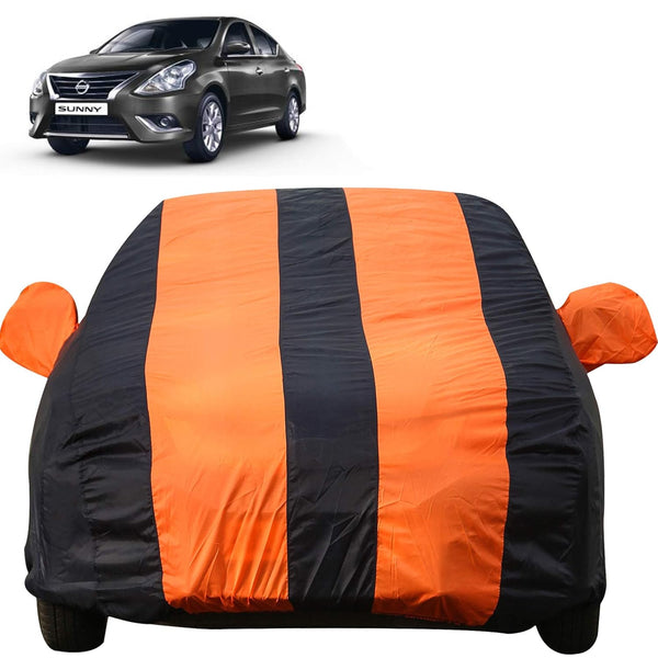 Autofact Sunny Car Cover - EasyShield - Car Body Cover for Nissan Sunny - With Mirror Pockets, Triple Stitched, Bottom Fully Elastic, Adjustable Belt and Buckle (Orange Blue Stripes)