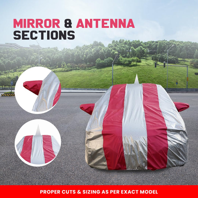 Autofact Swift Car Cover - FlexGuard - Waterproof Car Body Cover for Maruti Swift - With Mirror & Antenna Pockets, Triple Stitched, Bottom Fully Elastic, Adjustable Belt and Buckle (Silver / Pink Stripes)