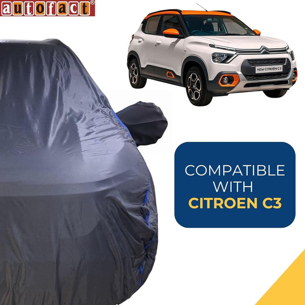 Autofact C3 Car Cover - CoreProtect - Water Resistant Car Body Cover for Citroen C3 - With Mirror Pockets, Triple Stitched, Bottom Fully Elastic, Adjustable Belt and Buckle (Grey 210D)