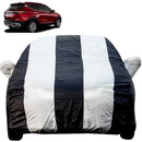 Autofact Seltos Car Cover - EasyShield - Car Body Cover for Kia Seltos - With Mirror Pockets, Triple Stitched, Bottom Fully Elastic, Adjustable Belt and Buckle (White Blue Stripes)
