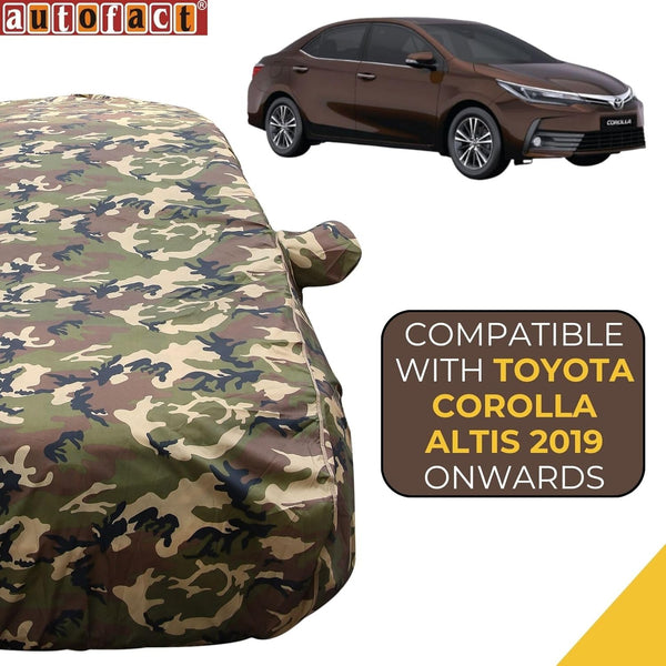 Autofact Corolla Altis Car Cover - TearTough - Dog Proof / Waterproof Car Body Cover for Toyota Corolla Altis - With Mirror Pockets, Triple Stitched, Bottom Fully Elastic, Adjustable Belt and Buckle (Jungle Print 4x4)