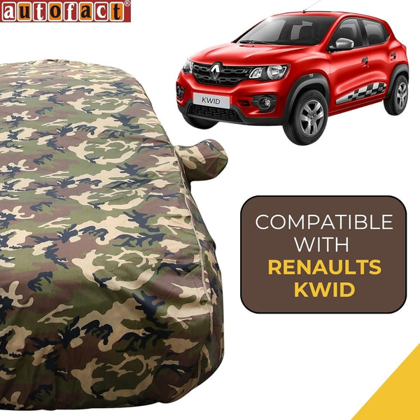 Autofact Kwid Car Cover - TearTough - Dog Proof / Waterproof Car Body Cover for Renaults Kwid - With Mirror Pockets, Triple Stitched, Bottom Fully Elastic, Adjustable Belt and Buckle (Jungle Print 4x4)