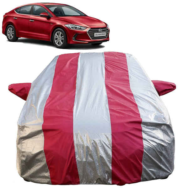 Autofact Elantra Car Cover - FlexGuard - Waterproof Car Body Cover for Hyundai Elantra - With Mirror Pockets, Triple Stitched, Bottom Fully Elastic, Adjustable Belt and Buckle (Silver / Pink Stripes)